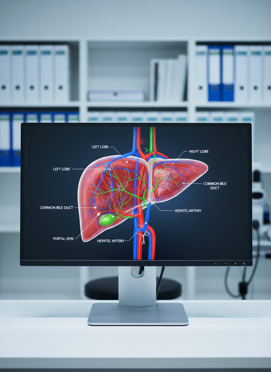A close-up, photographic realism image of a high-definition medical monitor displaying a detailed 3D rendering of the human liver and surrounding bile ducts in rich, accurate colors. The liver model appears slightly translucent, with highlighted blood vessels and labeled anatomical landmarks. The monitor’s slim black bezel frames the image, resting on a brushed aluminum stand atop a pristine white workstation. Soft, cool overhead lighting creates subtle reflections on the screen without glare. In the softly blurred background, there are organized shelves with neatly stacked medical files and discreetly placed endoscopy accessories. Captured straight on with a shallow depth of field, the composition centers on the liver image, conveying precision, expertise in hepatology, and cutting-edge diagnostic technology.