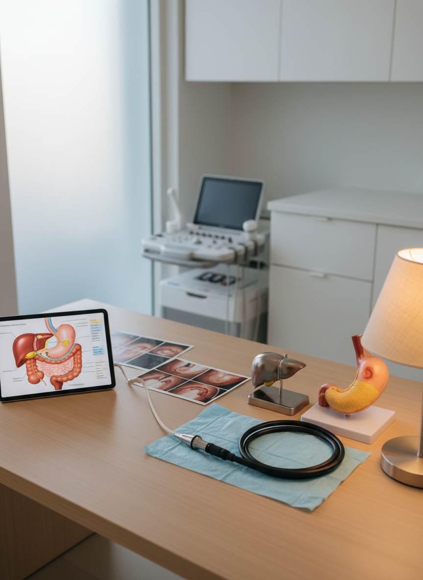 A meticulously arranged consultation desk in a gastroenterology clinic, captured in photographic realism. On the smooth light-wood surface lies an open tablet showing a cross-sectional diagram of the digestive tract, alongside printed endoscopy images and a neatly coiled, unused endoscope resting on a sterile blue mat. A slim, stainless-steel liver model and a labeled stomach model add educational detail. The scene is lit by soft, natural daylight streaming through a frosted glass window, complemented by a warm desk lamp that creates gentle, inviting shadows. The background reveals a blurred view of clean white cabinetry and a discreetly placed ultrasound machine. Shot from a slightly elevated three-quarter angle, the composition feels calm, organized, and highly professional, ideal for explaining complex gastro and liver conditions in a reassuring environment.