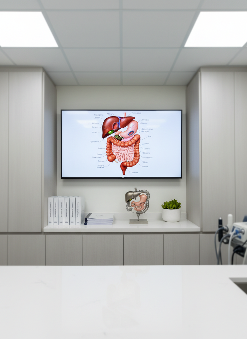 A sophisticated, high-tech gastroenterology consultation room rendered in photographic realism, featuring a large wall-mounted 4K medical display showing a detailed, full-color illustration of the human digestive system and liver. The display sits above a sleek white countertop with neatly arranged endoscopy reports, a stainless-steel model of the GI tract, and a small plant in a minimalist pot. The scene is illuminated by soft, cool-white ceiling panels that create even, clinical lighting with gentle reflections on glossy surfaces. The mood is highly professional yet reassuring, with a clean, modern aesthetic. Captured at eye level with a wide angle, the composition uses the rule of thirds, keeping the screen in sharp focus while the background cabinets and diagnostic equipment gently blur into a subtle bokeh.