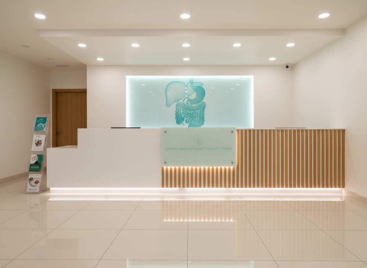 A modern reception area for a gastro liver and advanced endoscopy center, rendered in clean photographic realism. The central focus is a sleek reception counter in white and light oak, with the clinic name subtly etched into a glass panel. Behind the desk, a backlit wall graphic shows a stylized, abstract outline of the digestive system and liver in calming teal and blue tones. Soft, diffused ceiling lights and concealed LED strip lighting along the counter base create an even, welcoming glow. The polished tile floor reflects gentle highlights, while a few neatly arranged informational brochures on hepatology and endoscopy sit in a clear acrylic stand. Captured at eye level with a wide composition, the space feels professional, hygienic, and comforting, setting a reassuring tone for patients.