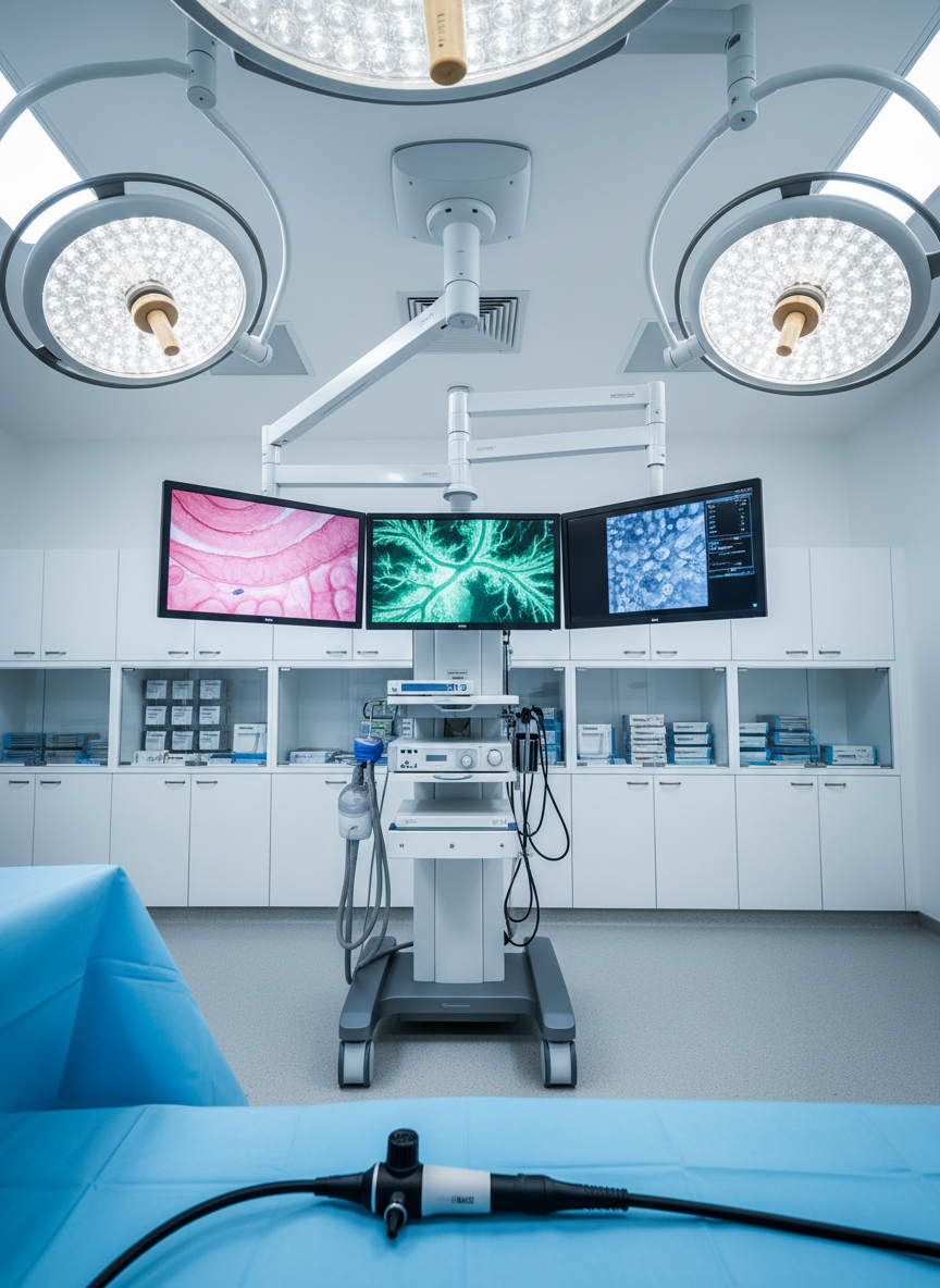 A state-of-the-art endoscopy suite in photographic realism, centered on a modern endoscopy tower with multiple high-resolution monitors displaying crystal-clear images of a healthy colon and bile ducts. The equipment has clean white and steel finishes, neatly organized cables, and sterile blue drapes covering the procedure table. Overhead, adjustable LED surgical lights cast bright, shadow-free illumination, emphasizing cleanliness and precision. The polished floor reflects soft highlights, while wall-mounted storage with labeled instruments forms a calm, orderly backdrop. Shot from a slightly elevated angle, the composition leads the eye from the endoscopy scope handle in the foreground to the glowing monitors. The atmosphere feels meticulously hygienic, advanced, and trustworthy, suitable for a specialist gastro liver and advanced endoscopy center.