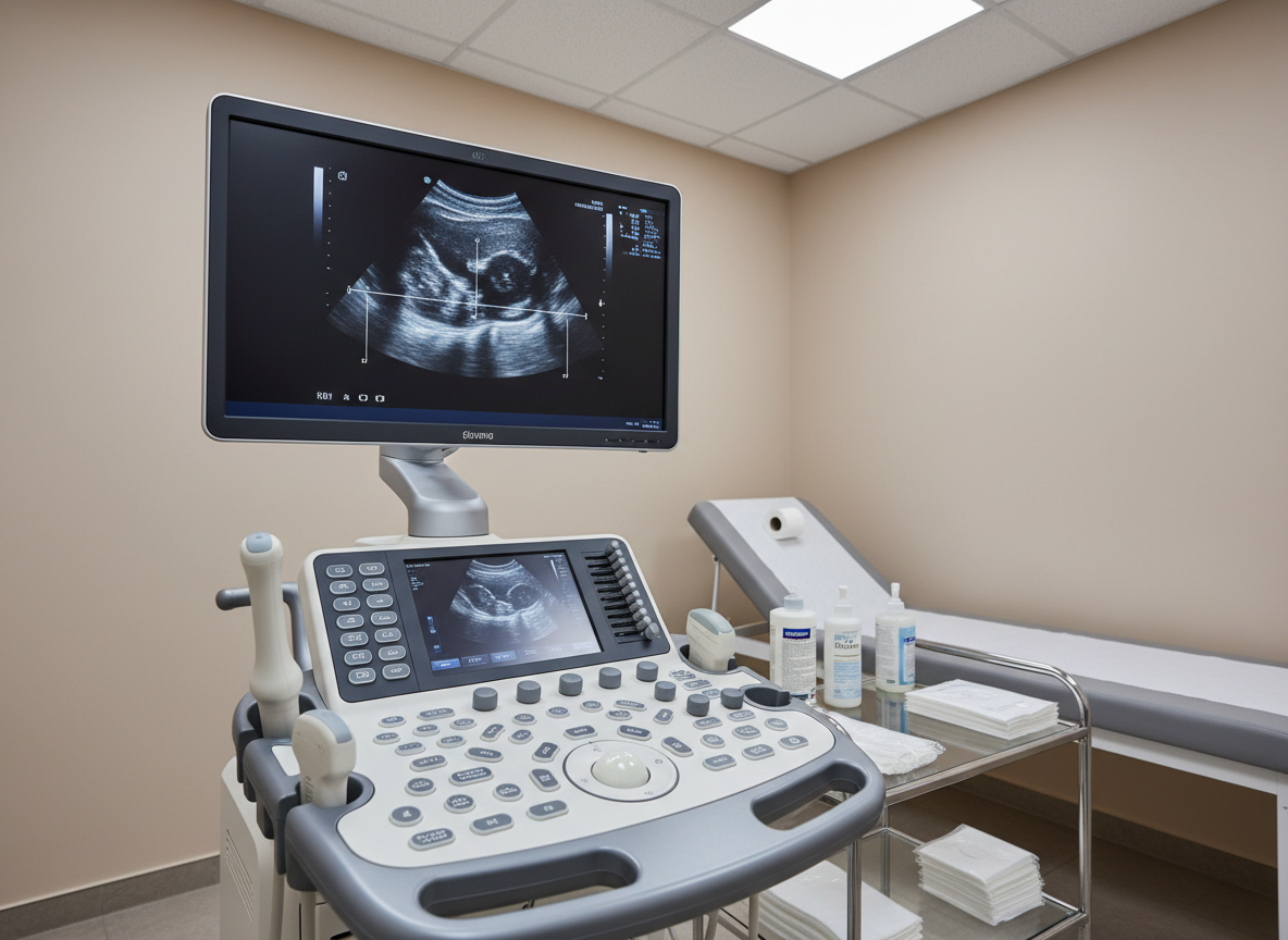 A dedicated hepatology diagnostics corner in photographic realism, featuring a premium ultrasound machine focused on liver imaging. The console’s high-resolution screen shows a clear grayscale ultrasound image of a liver with neatly overlaid measurement markers. The machine’s control panel, with cleanly labeled buttons and a neatly docked probe, rests beside a small trolley carrying organized gel bottles and disposable covers. Neutral-colored walls and a soft gray examination couch form a calm backdrop. Overhead, diffused LED lighting casts soft, shadowless light, enhancing the clinical precision of the scene. Shot from a three-quarter angle at standing height, with moderate depth of field, the composition highlights the ultrasound screen and controls while slightly blurring the quiet room behind, emphasizing advanced yet approachable liver diagnostics.