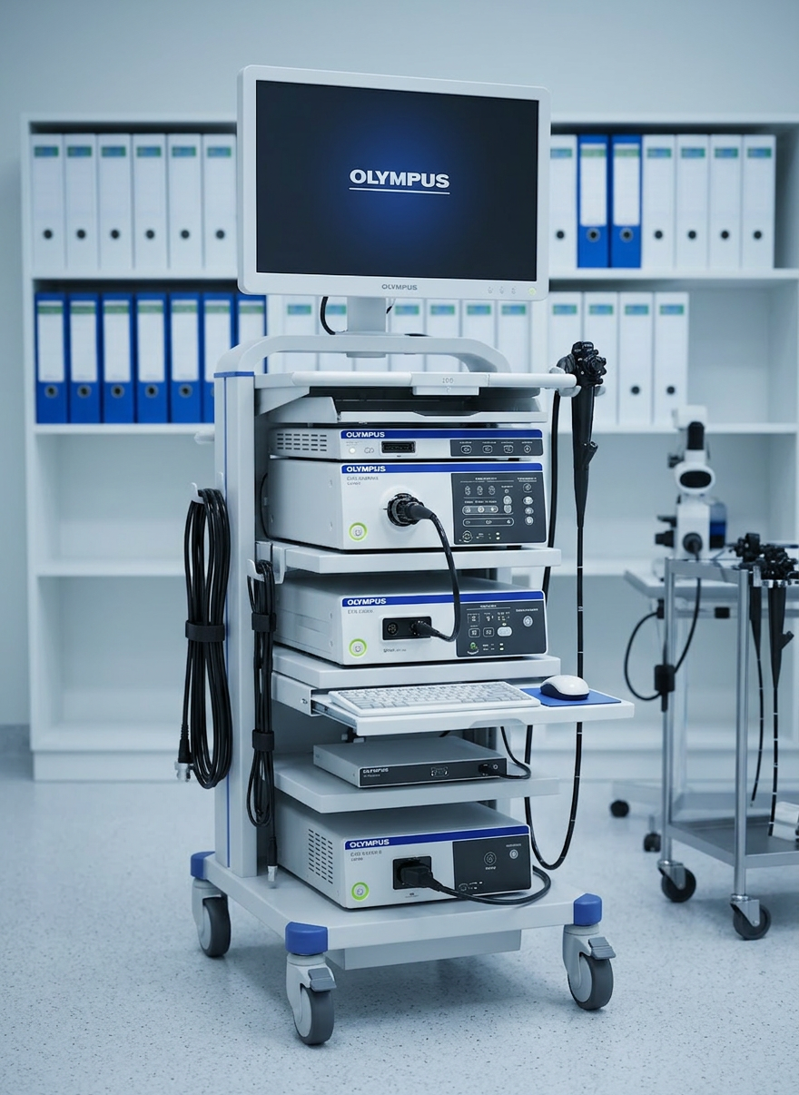 Olympus medical imaging endoscopy system Olympus medical endoscopy system with monitor, control units, and endoscope on a wheeled cart