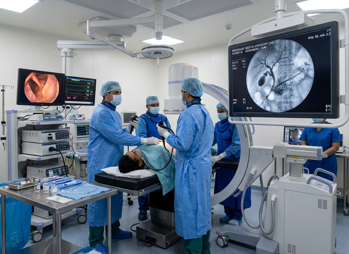 Medical Endoscopy Procedure in Hospital Medical team conducting endoscopy procedure with patient lying on table and imaging monitors