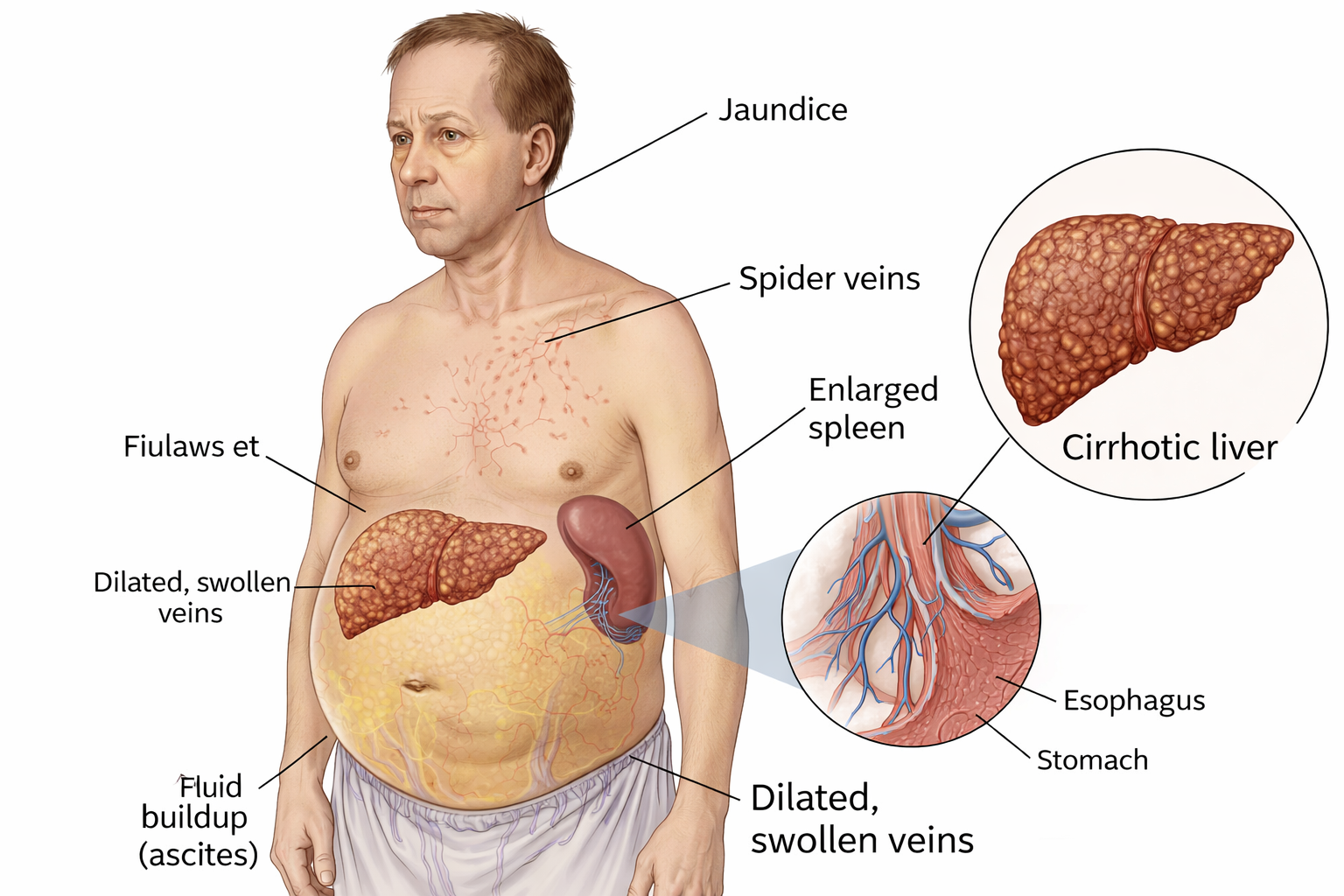 Symptoms and signs of liver cirrhosis Middle-aged man with jaundice, spider veins, enlarged spleen, ascites, and cirrhotic liver anatomy